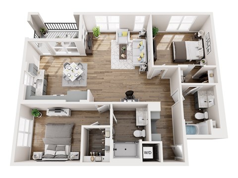 A 3D floor plan of a house with a living room, kitchen, and two bedrooms.